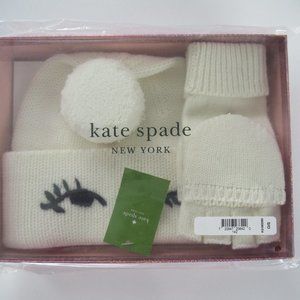 Kate Spade Winking Beanie Cuffed Hat Pop Top Convertible Mittens Box Gift Set